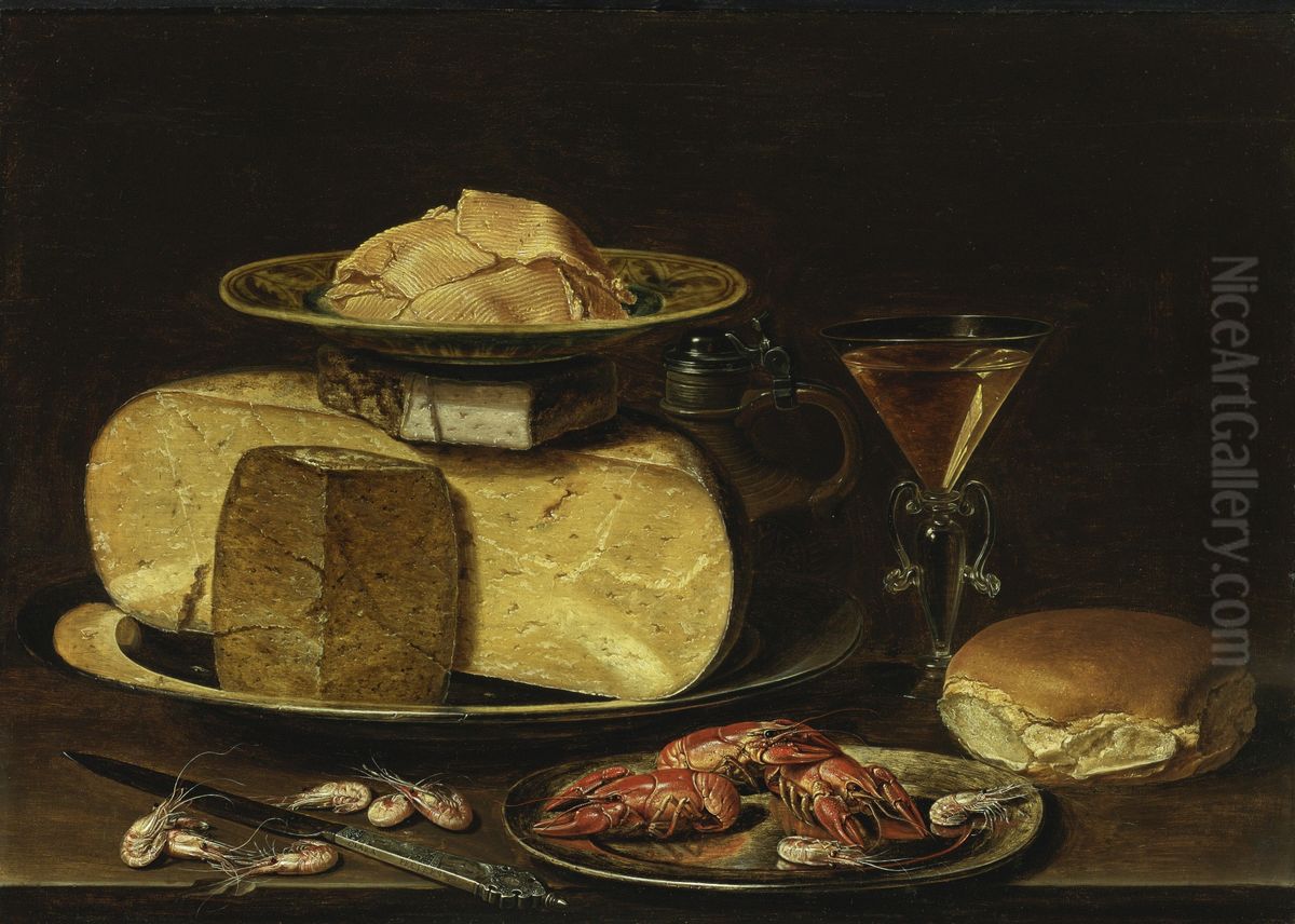 Stilleven met kazen, garnalen en rivierkreeften Oil Painting by Clara Peeters
