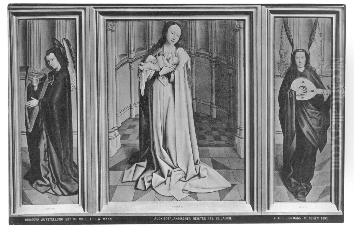 Triptych of Madonna lactans between an angel playing the harp and an angel playing the lute Oil Painting by Robert Campin