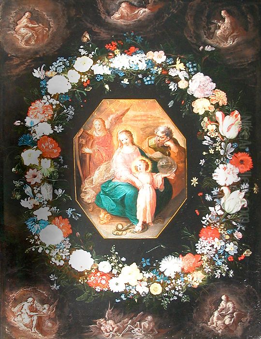 The Holy Family in a garland of flowers Oil Painting by Frans Francken the Younger