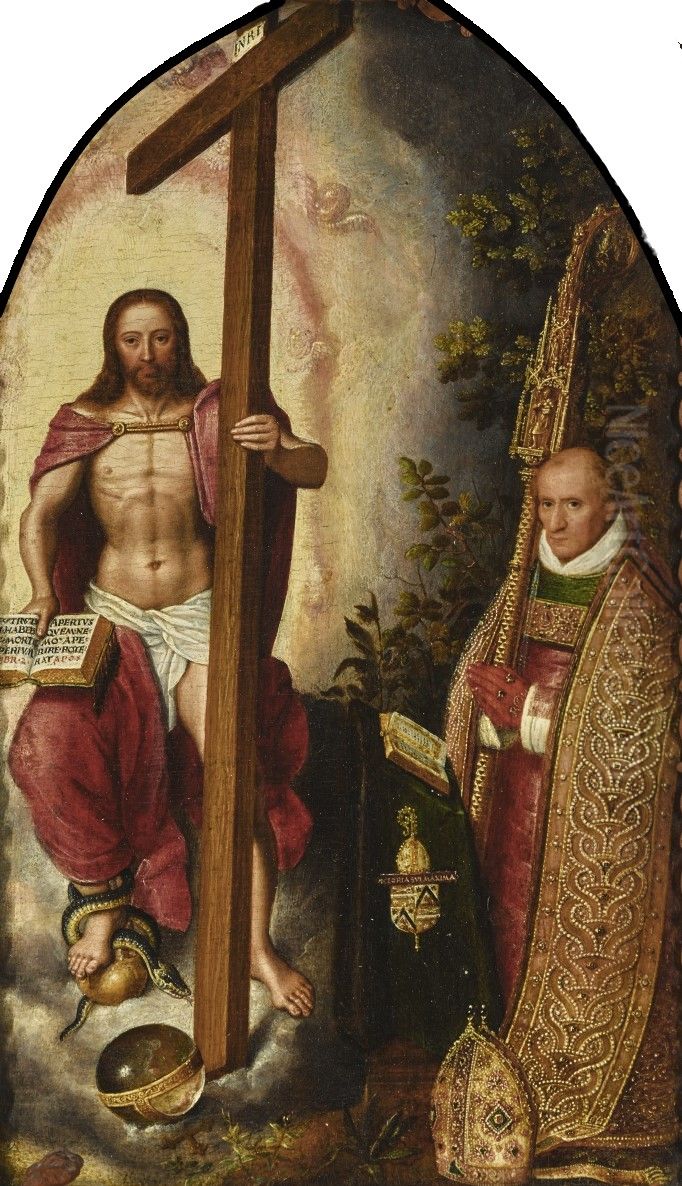 Portrait of the abbot Robert Holman, of abbey Onze-Lieve-Vrouw ter Duinen, kneeling before Christ Oil Painting by Pieter Claeissens the Elder