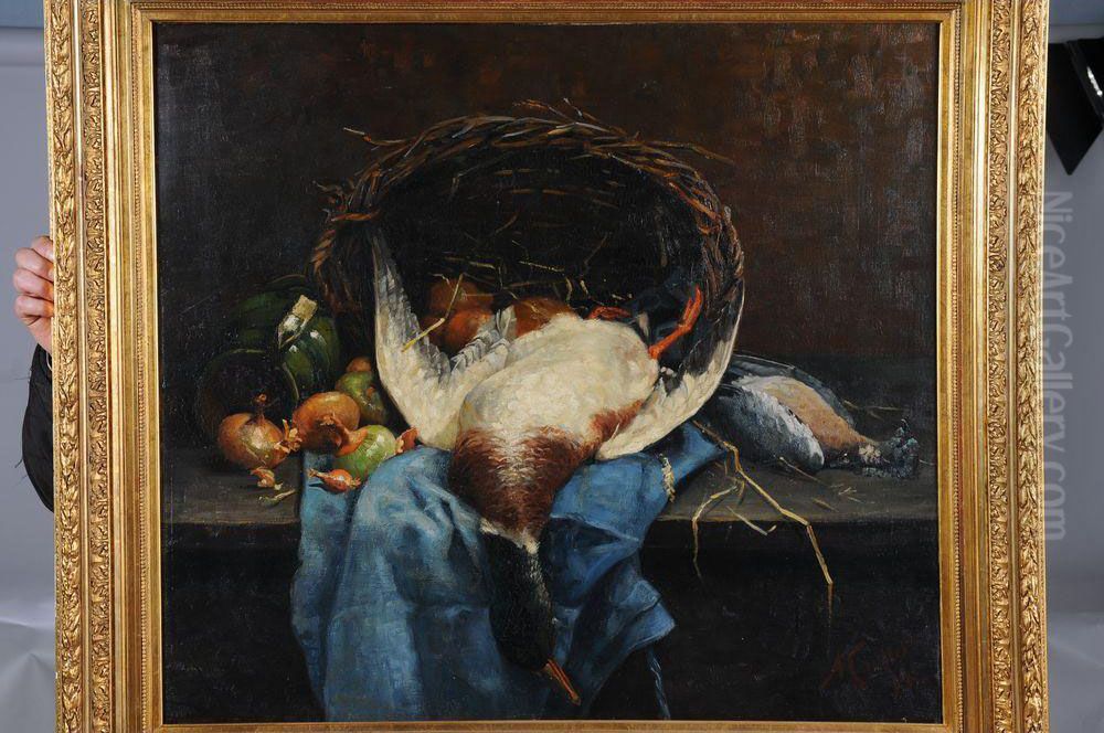 < Nature Morte Au Canard Et Panier EnRotin >. Oil Painting by Albert Caullet