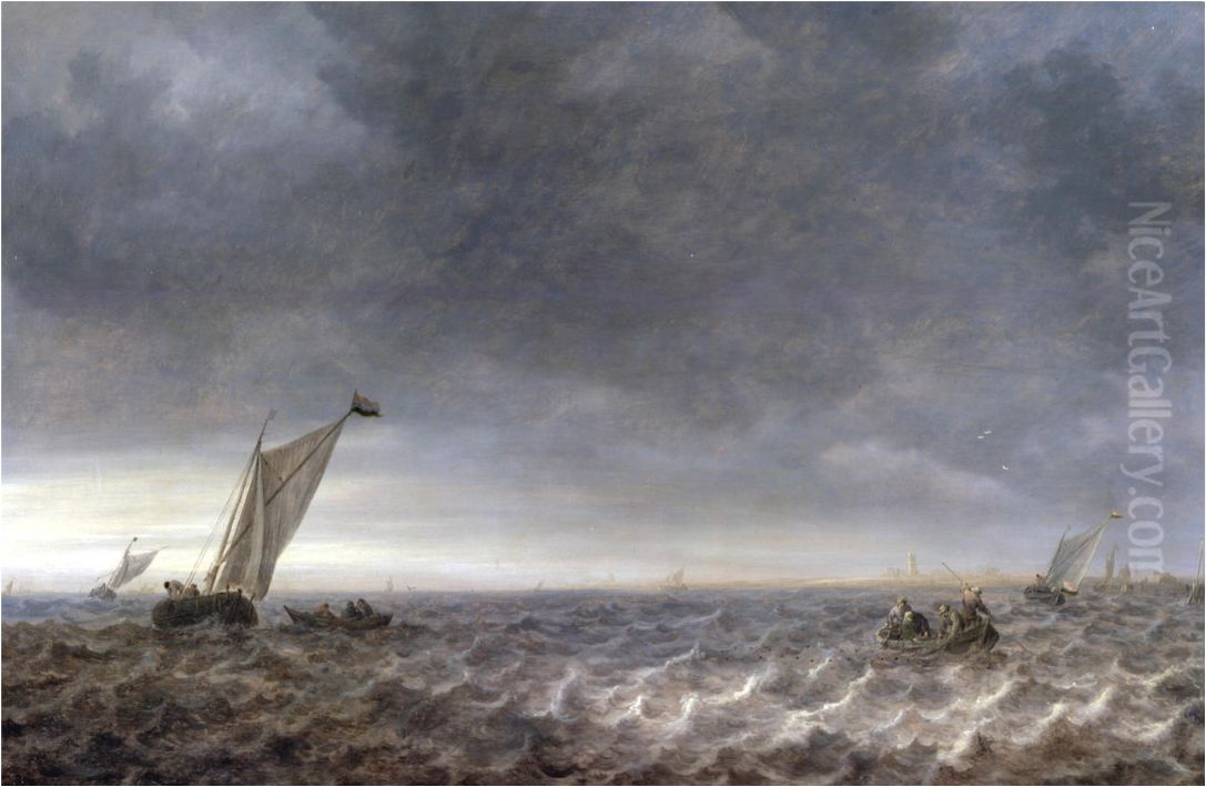 Zeil- en roeiboten in een riviermonding Oil Painting by Jan van Goyen