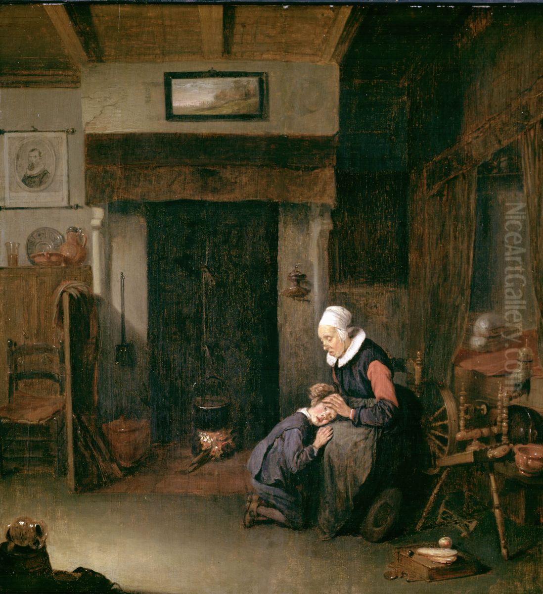 An Old Woman Delousing a Boy Oil Painting by Quirijn van Brekelenkam