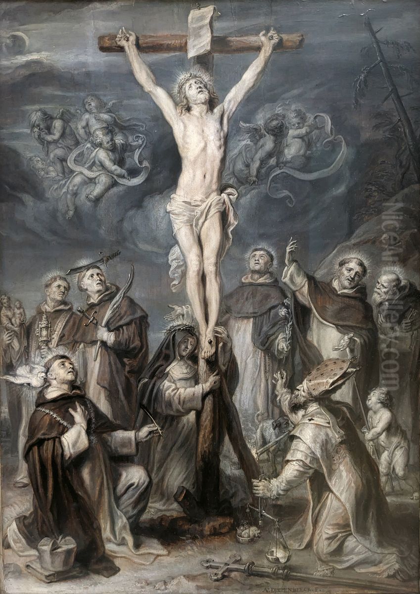 Christ on the Cross Adored by Eight Saints of the Dominican Order Oil Painting by Abraham van Diepenbeeck