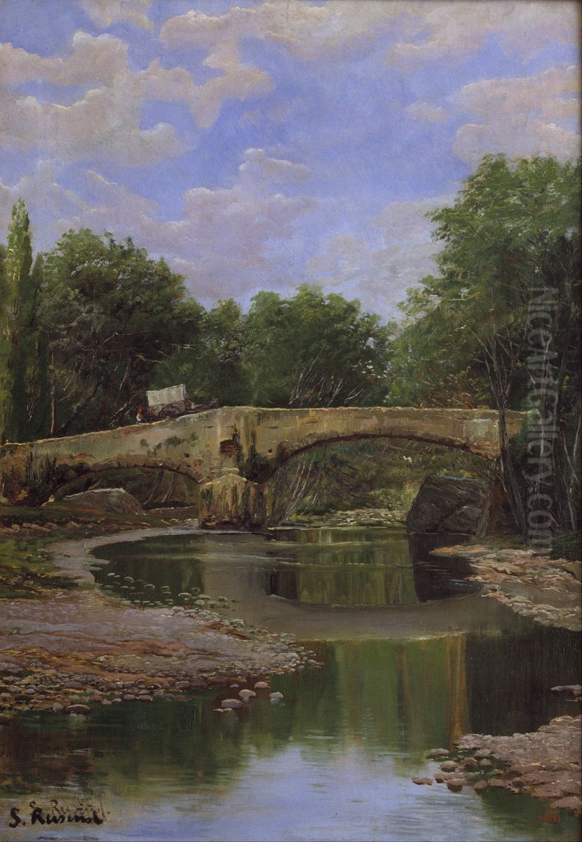 Bridge over a River Oil Painting by Santiago Rusinol i Prats