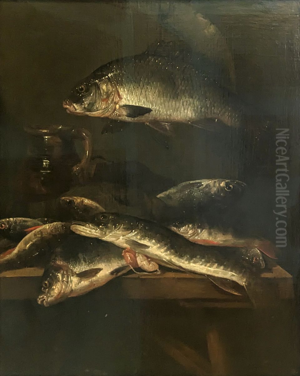 Visstilleven met zoetwater vissen op een tafel, met daarbij een kan en een vis aan haak daarboven Oil Painting by Abraham Van Beijeren