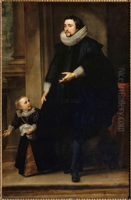 Portrait of an unknown man with his son Oil Painting by Sir Anthony Van Dyck