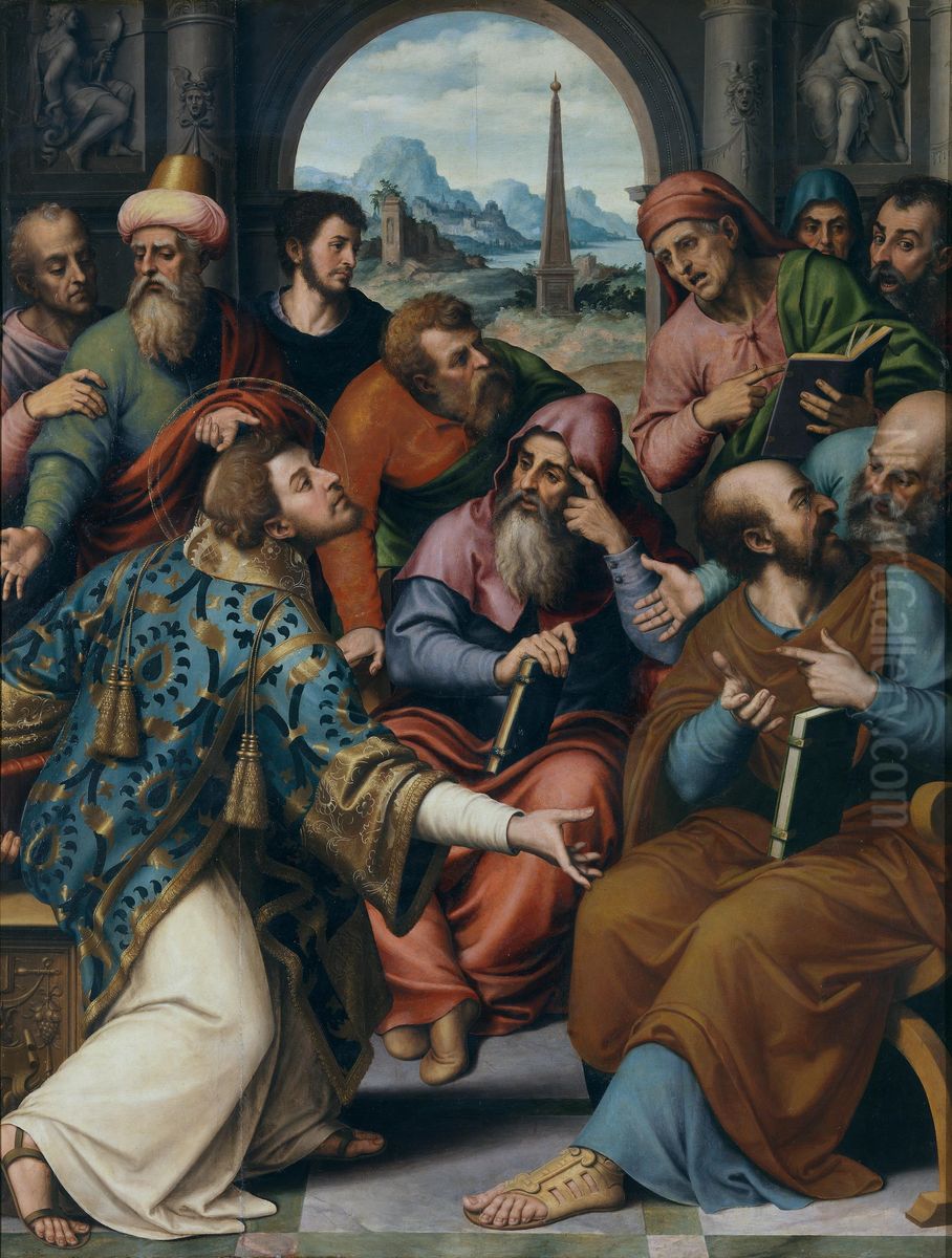 San Esteban en la sinagoga Oil Painting by Juan De Juanes