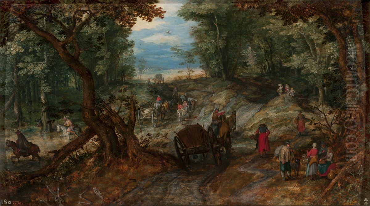 Forest with carts crossing a stream and riders Oil Painting by Jan Brughel