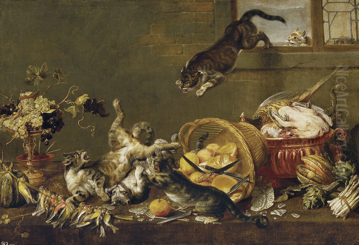 Cats Fighting in a Larder Oil Painting by Paul de Vos