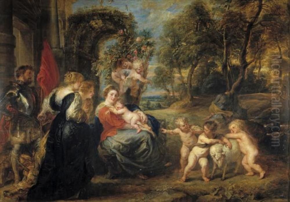 Landscape with the Rest on the Flight to Egypt and several saints Oil Painting by (studio of) Rubens, Peter Paul