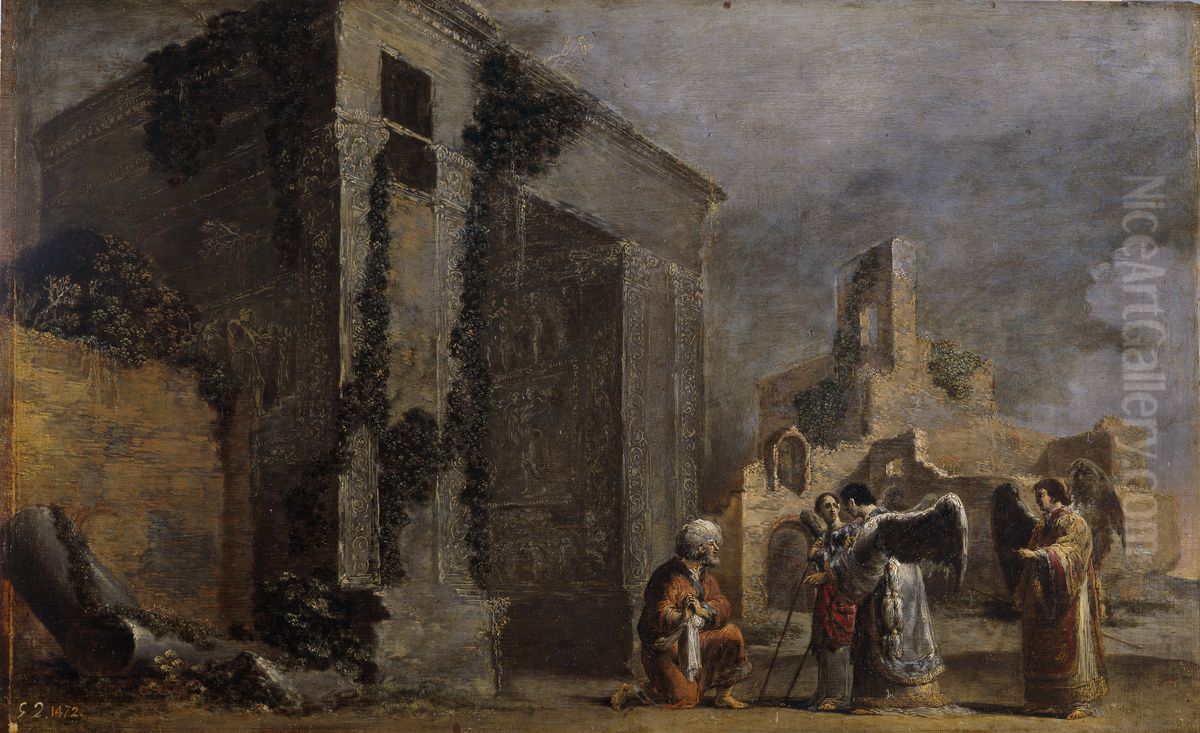 Abraham y los tres angeles Oil Painting by Leonaert Bramer
