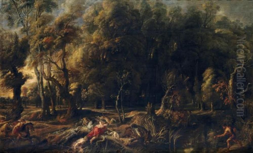 Atalanta and Meleager Hunting the Calydonian Boar Oil Painting by (studio of) Rubens, Peter Paul