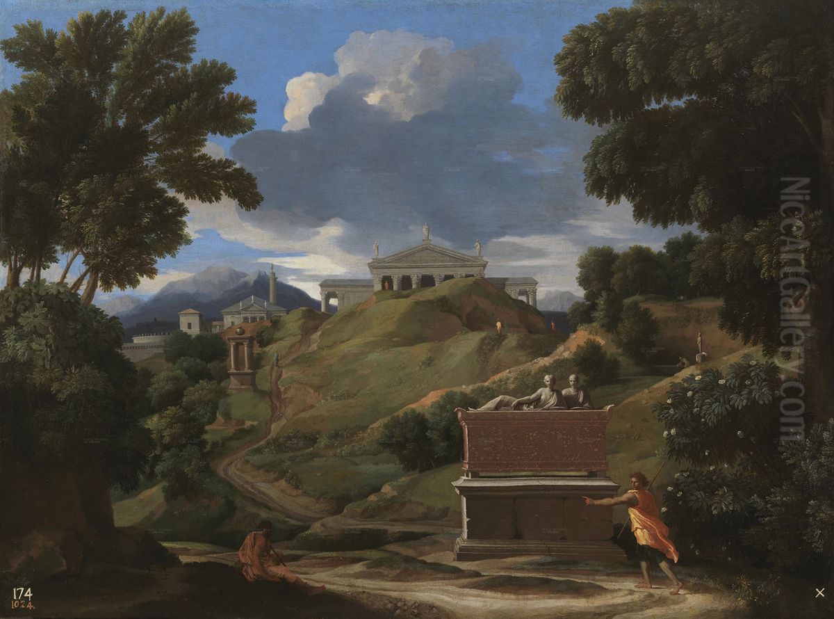 Landschaft mit dem antiken Grab und zwei Figuren Oil Painting by Nicolas Poussin