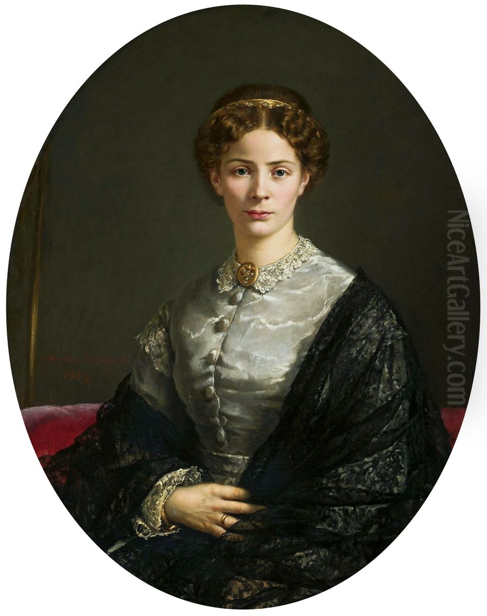 Portrait of a lady in a lacy scarf Oil Painting by Adalbert Begas