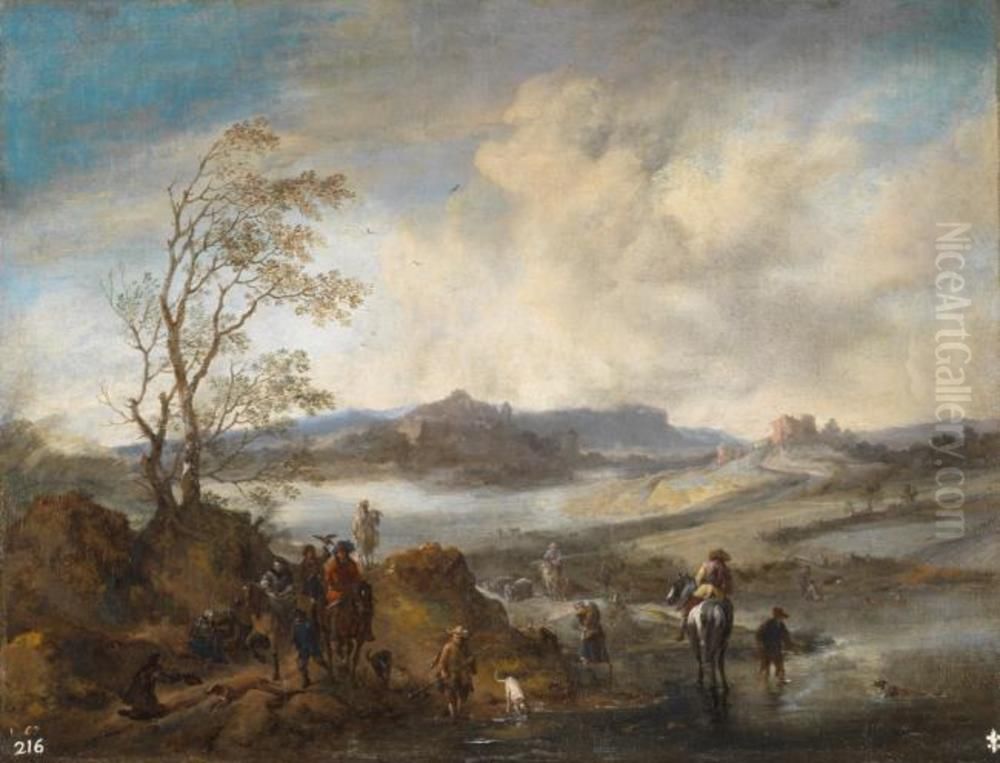 Hilly landscape with hunters on a road along the river Oil Painting by Philips Wouwerman