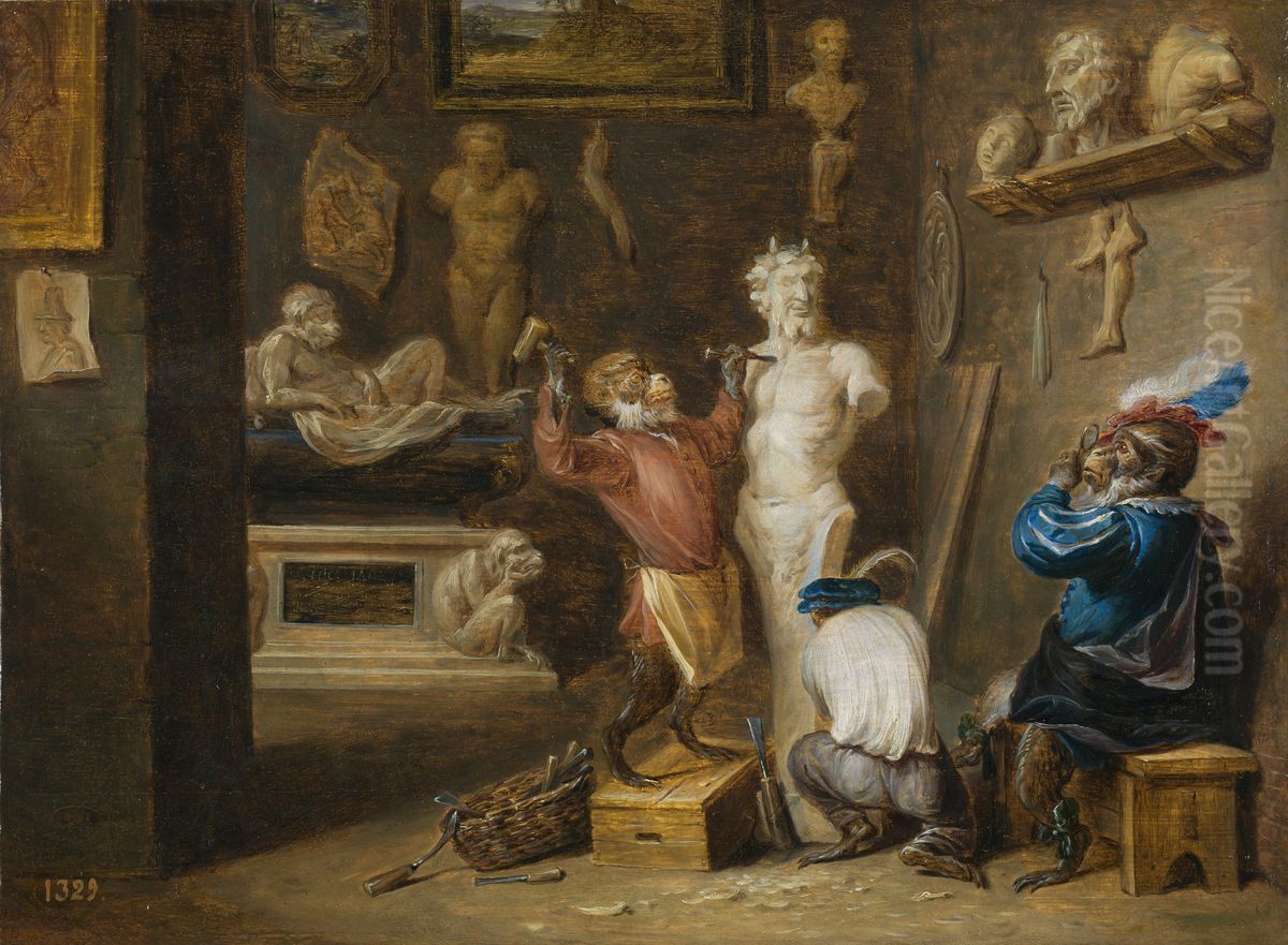 The Monkey Sculptor Oil Painting by David Teniers the Younger