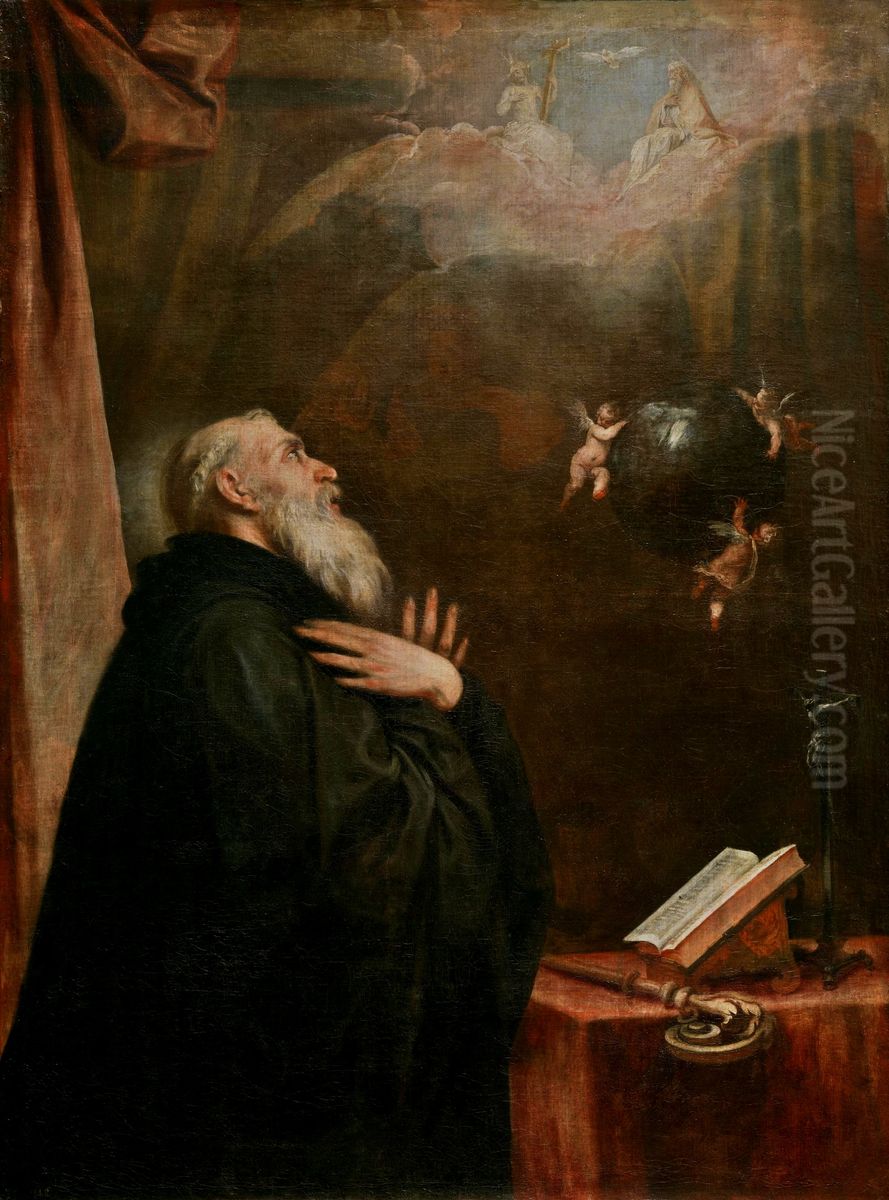 Vision de San Benito del globo y los tres angeles Oil Painting by Alonso Cano