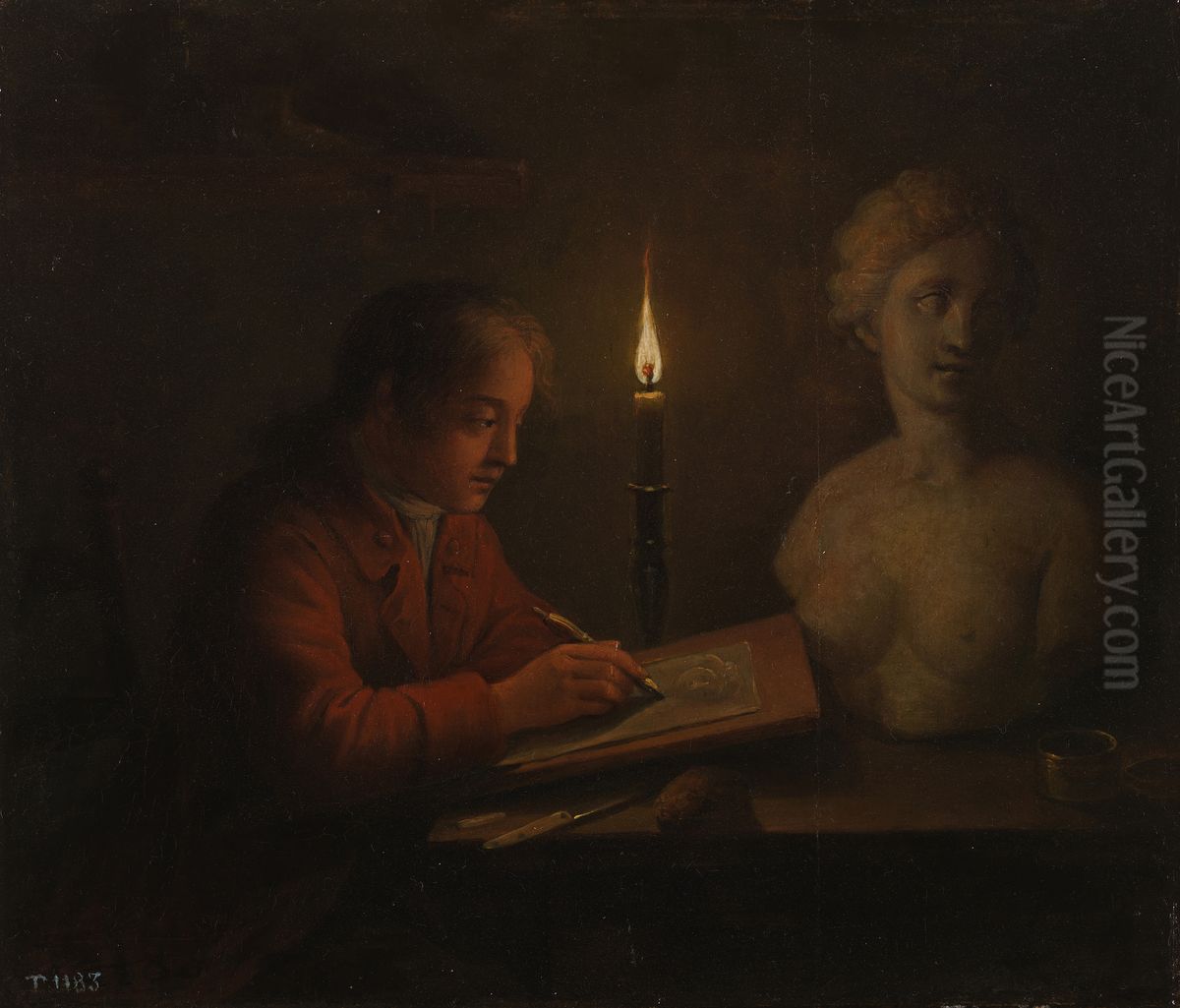 Tekenende jongeman. Oil Painting by Gerhard Jan Palthe