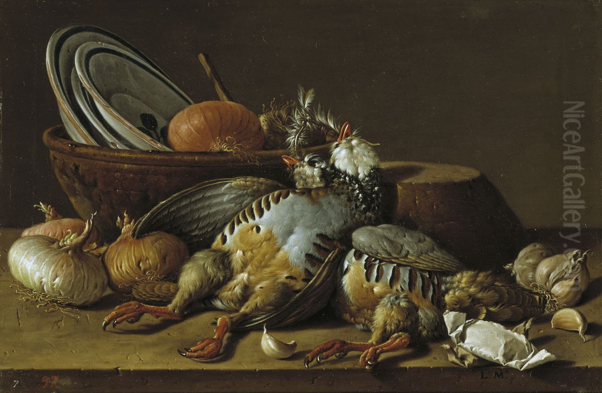 Still Life with Partridges, Onions, Garlic and Vessels Oil Painting by Luis Egidio Melendez