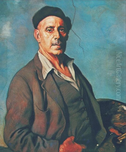 Self portrait with blue background Oil Painting by Ignacio Zuloaga