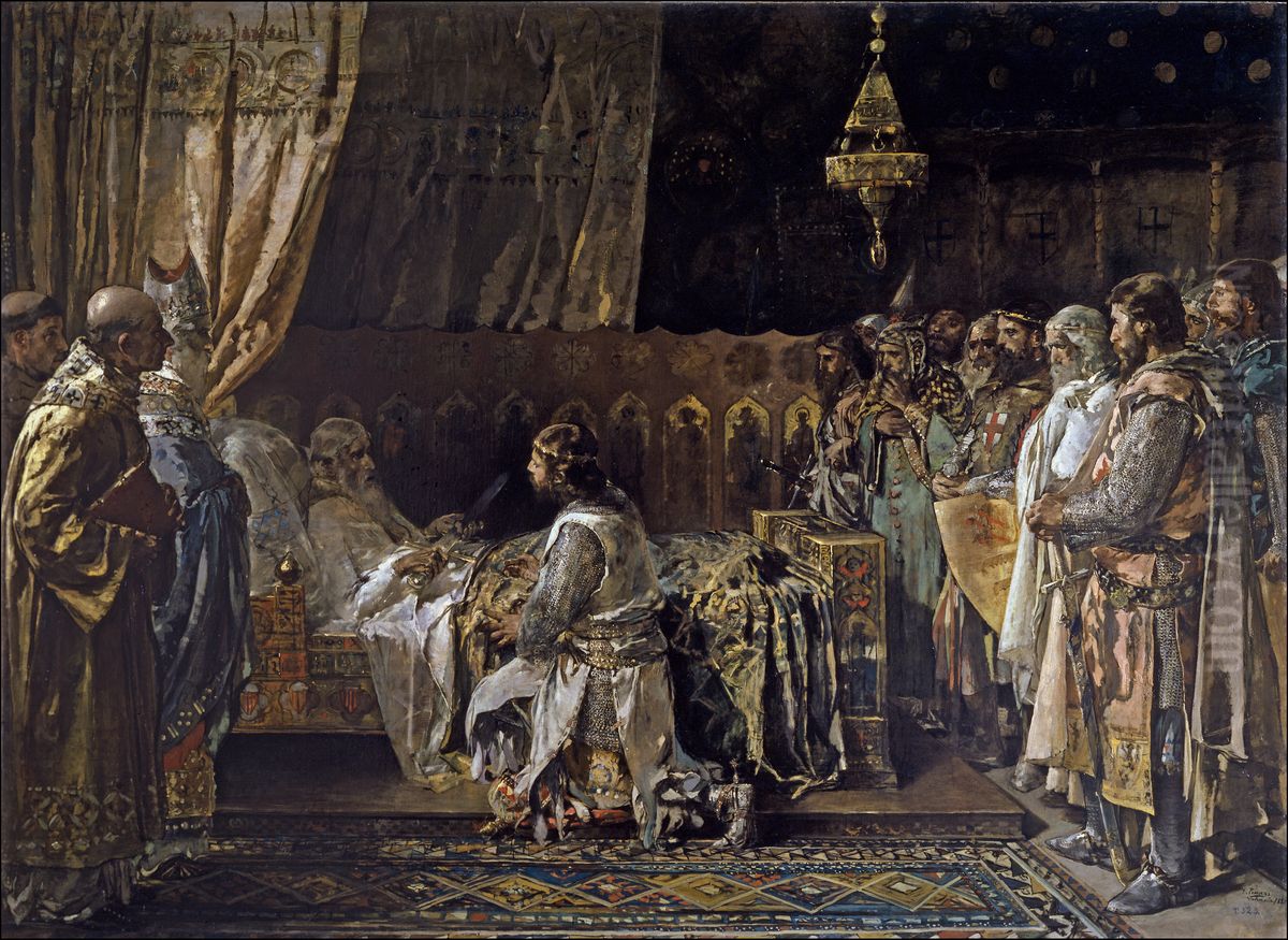 Ultimos momentos del rey don Jaime I el Conquistador en el acto de entregar su espada a su hijo don Pedro Oil Painting by Ignacio Pinazo Camarlench