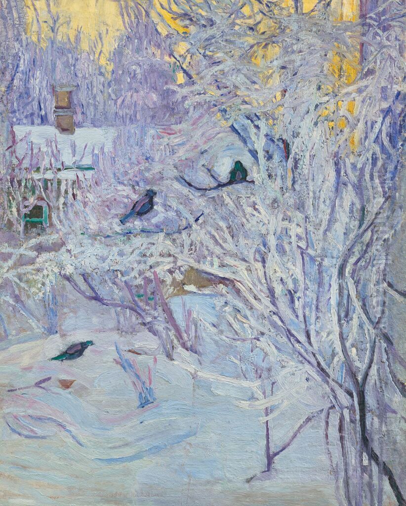 <<Ugol doma i snegiri na dereve. Zima>> Oil Painting by Olga Rozanova