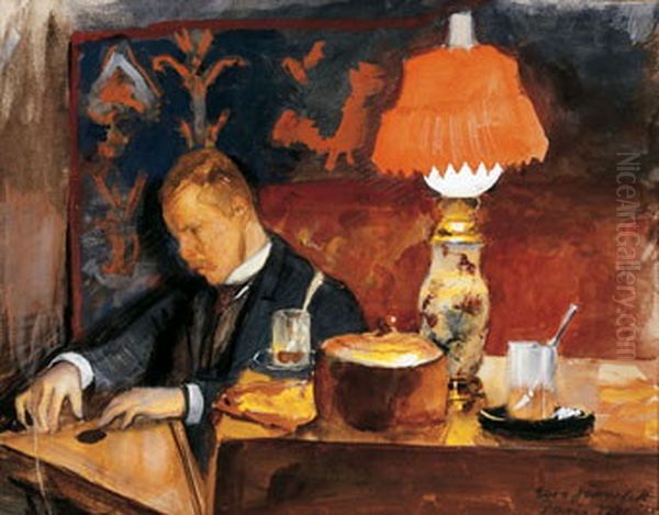 Pekka Halonen soittaa kannelta Oil Painting by Eero Jarnefelt