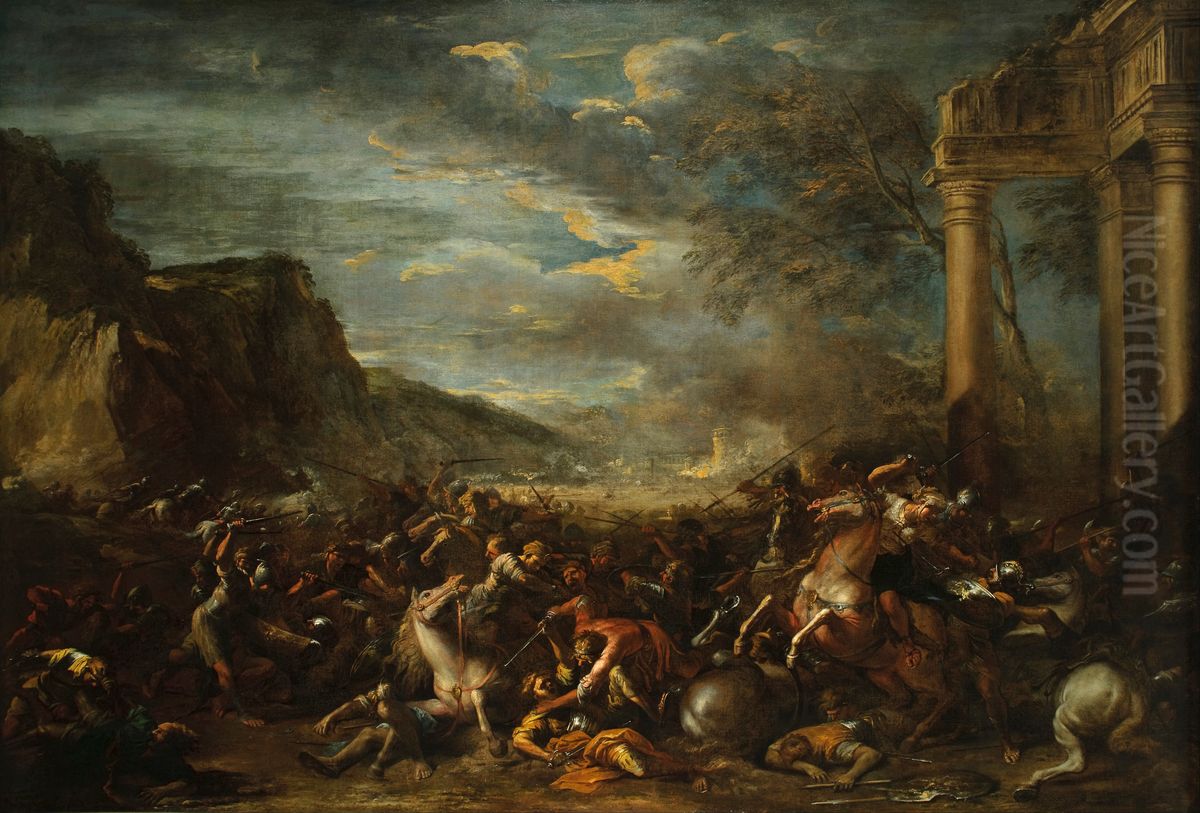 A Cavalry Battle Oil Painting by Salvator Rosa