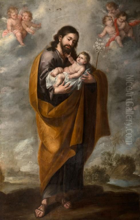 Saint Joseph with the Infant Saviour (Angels in the Clouds) Oil Painting by Bartolome Esteban Murillo