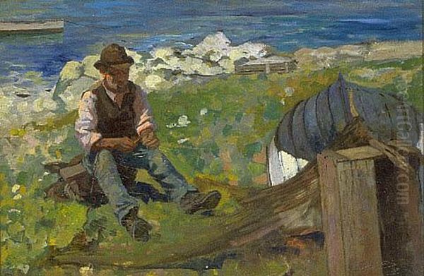 Mending the net Oil Painting by James Nairn