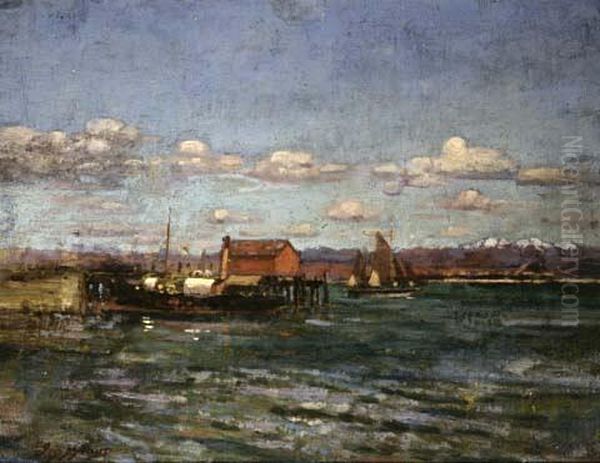 Wharf at Kaikoura with S.S. Wakatu Oil Painting by James Nairn