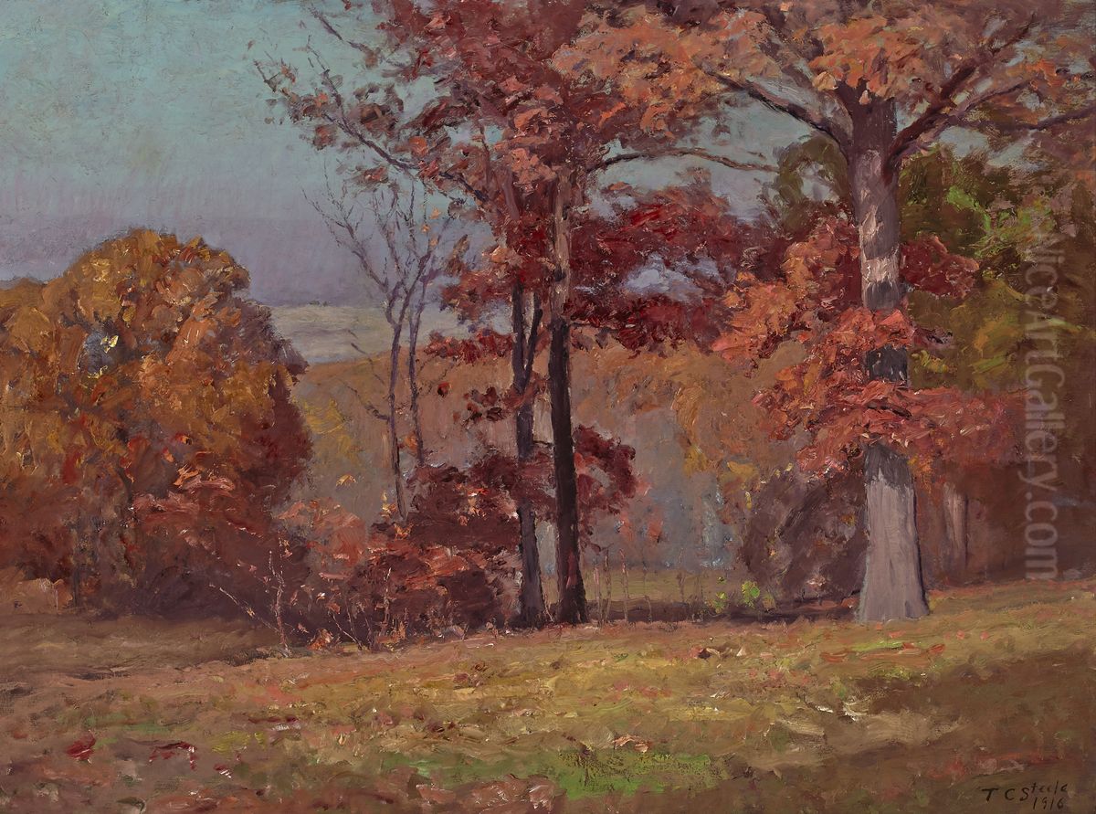 When the Oaks are Red (Brookville Landscape) Oil Painting by Theodore Clement Steele