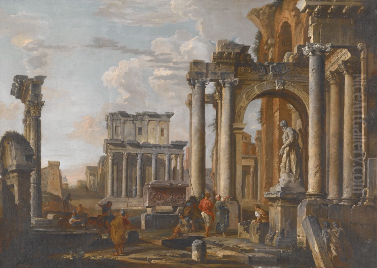 Ruins with the Temple of Antoninus and Faustina Oil Painting by Giovanni Paolo Panini