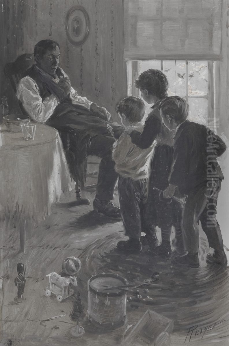 Frontispiece for James Whitcomb Riley's 'A Defective Santa Clause' Oil Painting by Charles M. Relyea