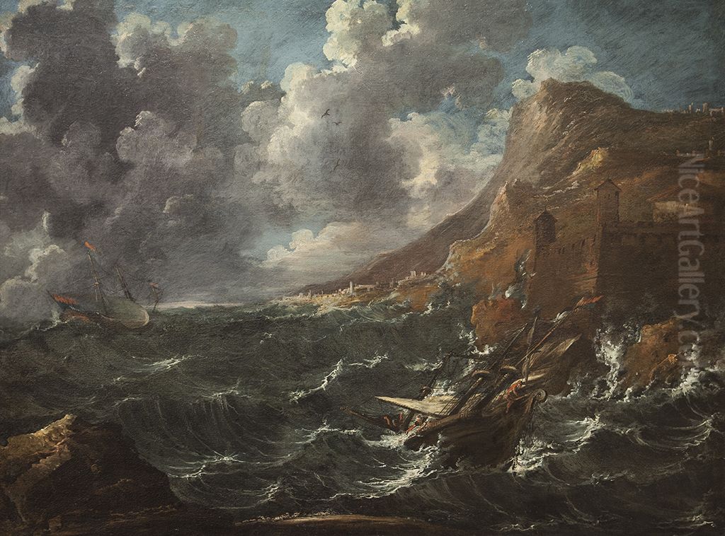 Ships in a Gale Oil Painting by Marco Ricci