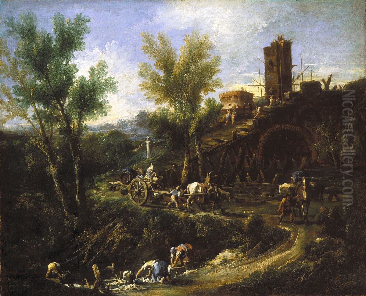 Landscape with Gypsies and Washerwomen Oil Painting by Alessandro Magnasco