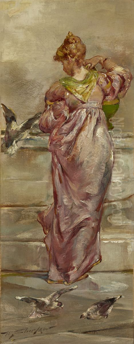 At the Fountain Oil Painting by Walter Shirlaw