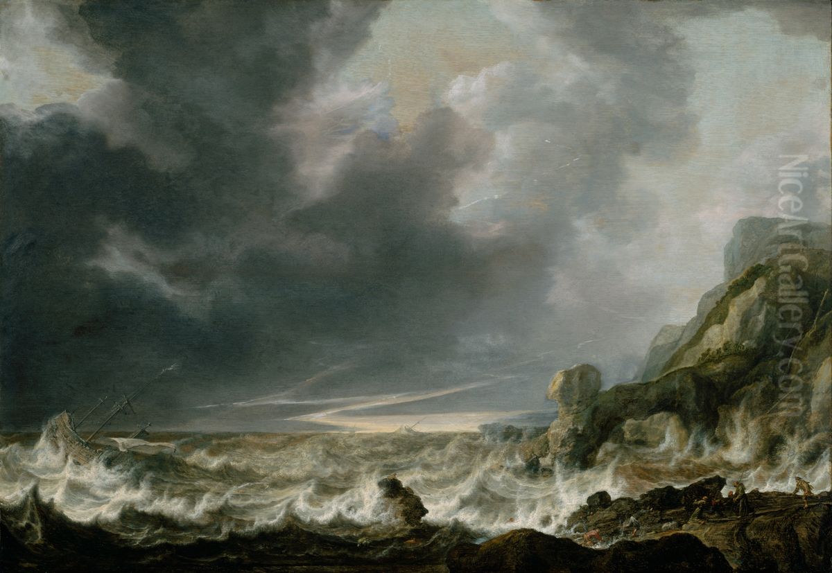 Ship in Distress off a Rocky Coast Oil Painting by Simon De Vlieger