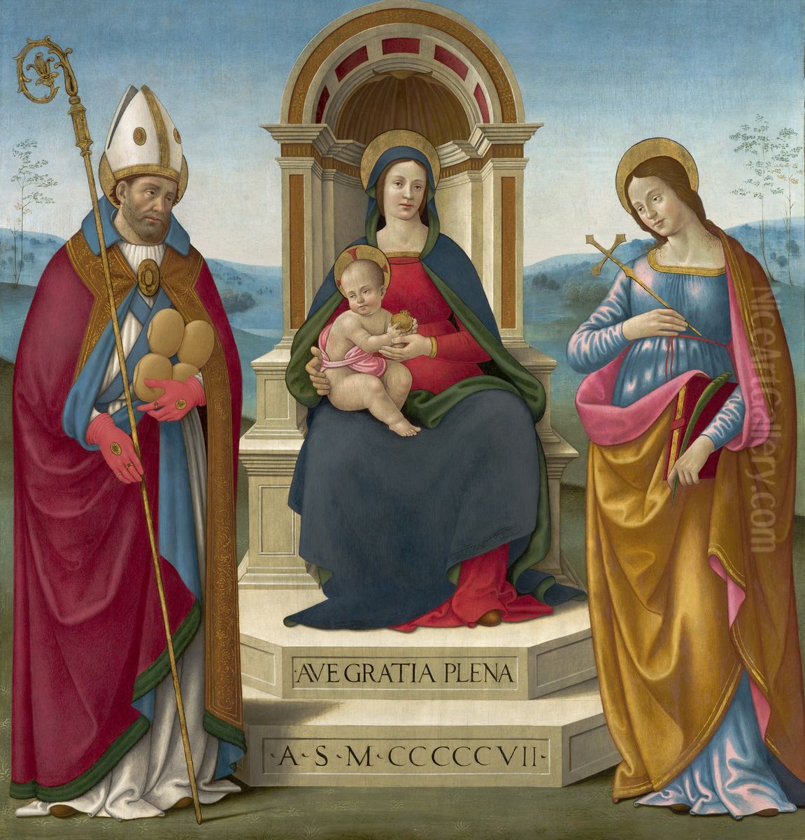 Madonna and Child with St. Justus of Volterra and St. Margaret of Antioch. Oil Painting by Bastiano Mainardi