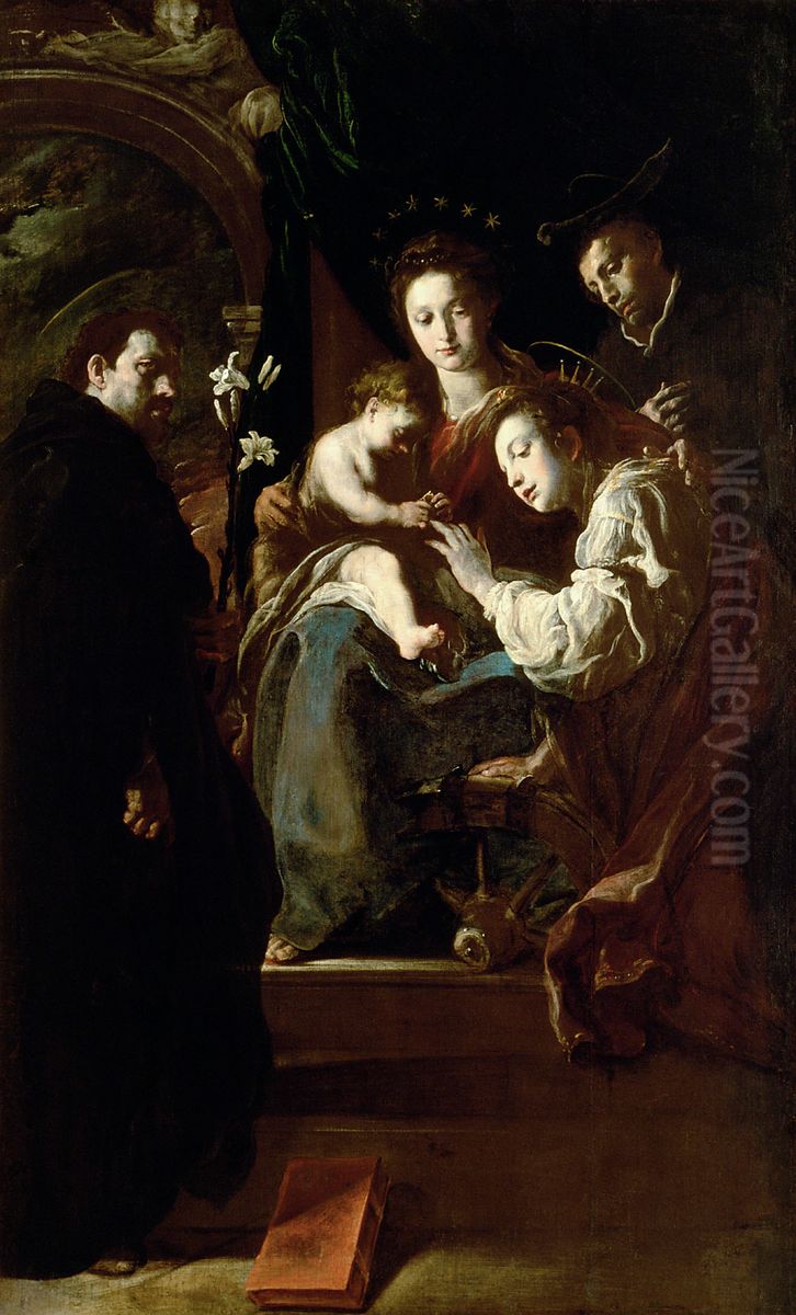 Virgin and Child with Mystical Betrothal of St. Catherine with Saints Dominic and Peter Oil Painting by Domenico Fetti