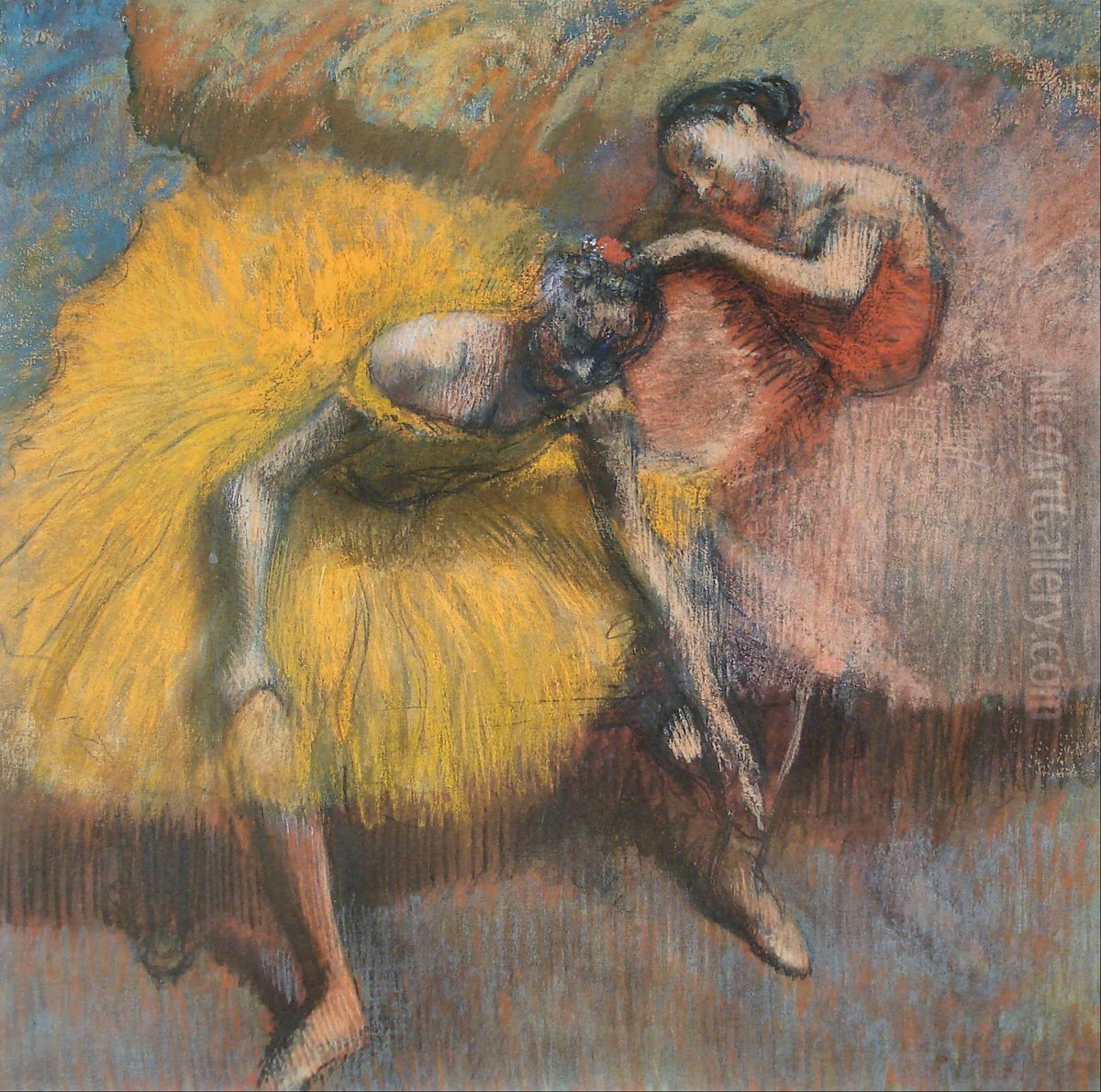 Deux danseuses jaunes et roses Oil Painting by Edgar Degas