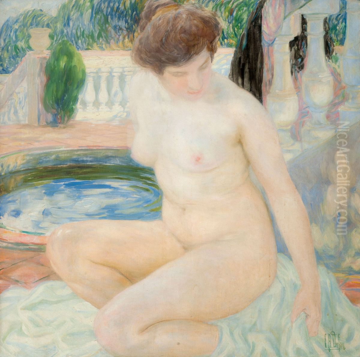 The bath Oil Painting by Clementine-Helene Dufau