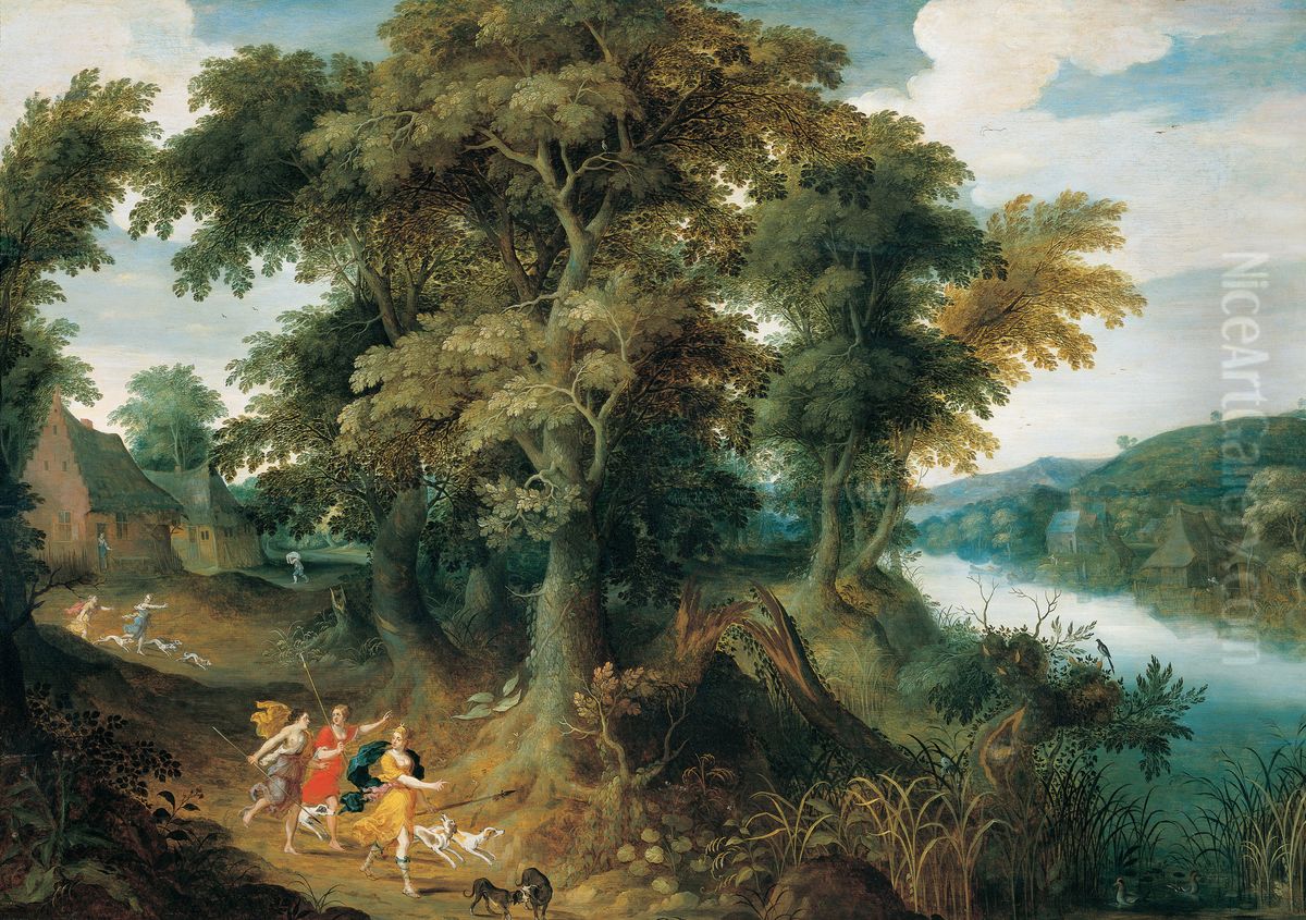 Diana and her nymphs hunting Oil Painting by Jasper van der Lanen