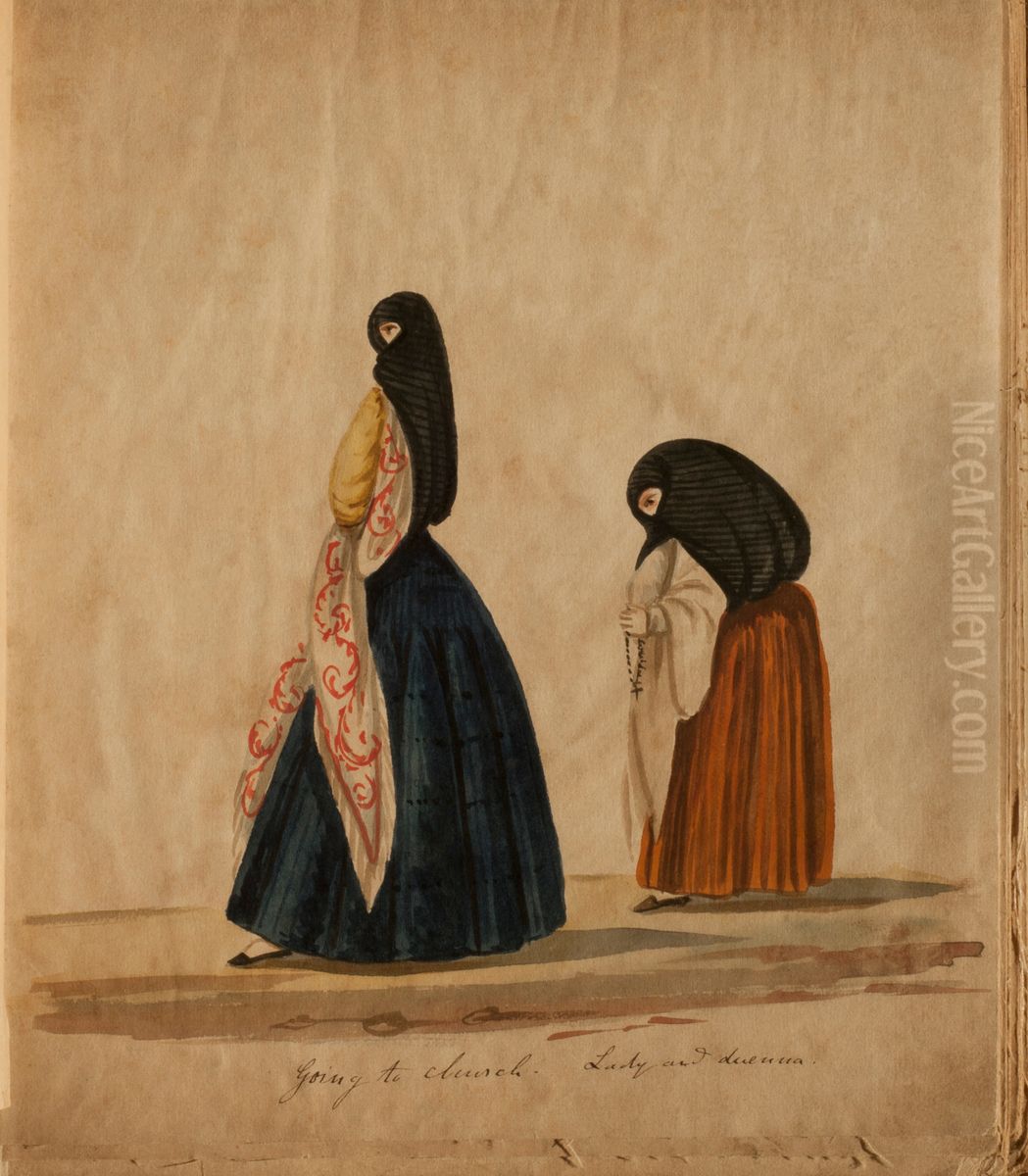 Going to church - Lady and duenna Oil Painting by Pancho Fierro