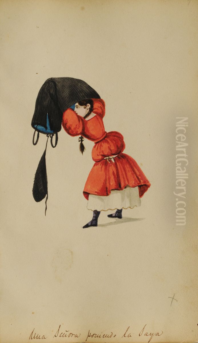 Una senora poniendo la saya Oil Painting by Pancho Fierro