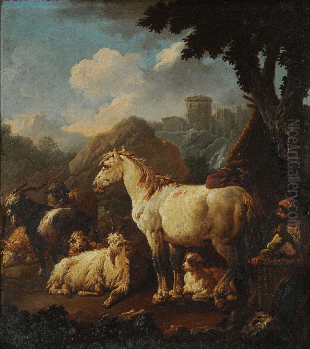 Shepherd and animals in a landscape Oil Painting by Philipp Peter Roos