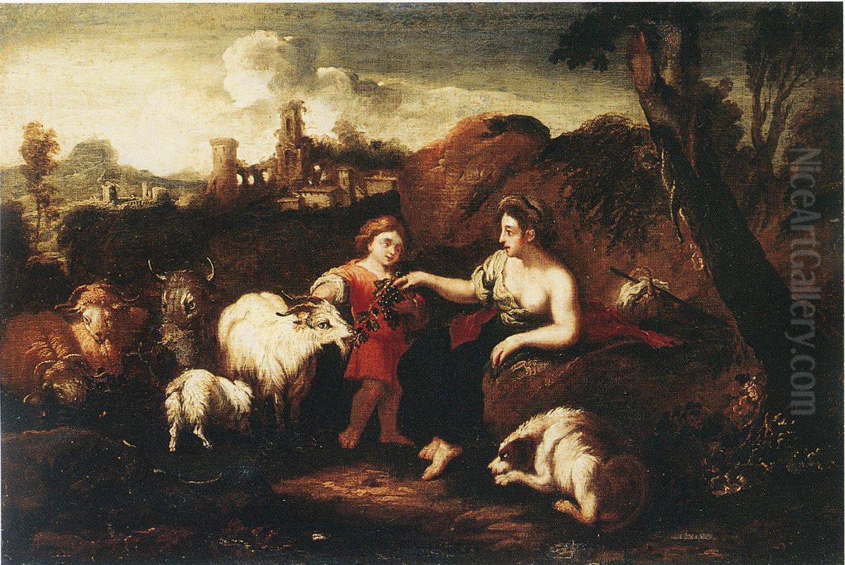 Landscape with figures and animals Oil Painting by Philipp Peter Roos