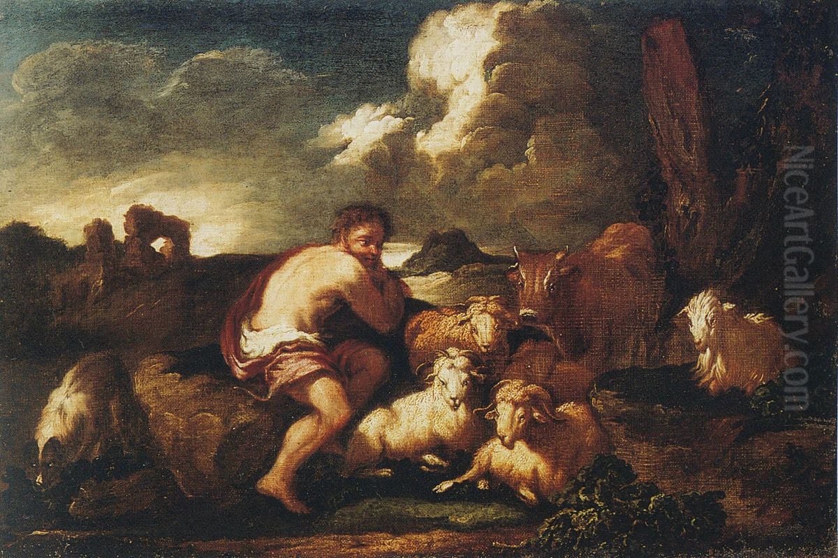 Landscape with shepherd and animals Oil Painting by Philipp Peter Roos