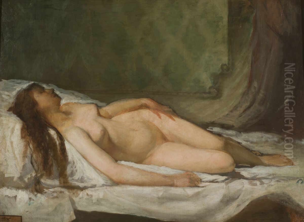 Naked woman asleep Oil Painting by Eduardo Rosales